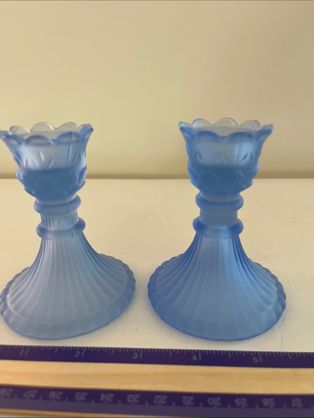 Blue Frosted Glass Candlestick Pair